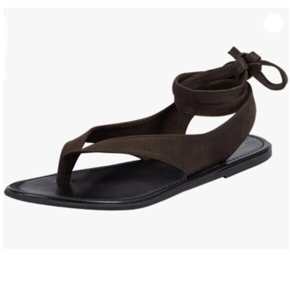 FOWT Women Split Round Toe Sandals Lace up Strappy Comfortable Flats Brown - Picture 1 of 7